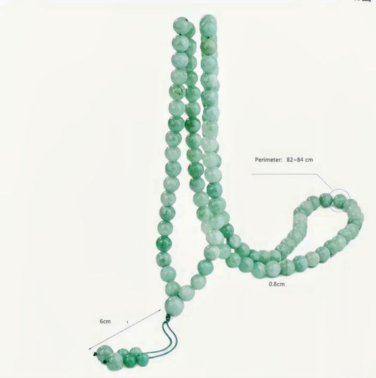 Natural Green Jade Bead Necklace, 99 Beads, Unisex