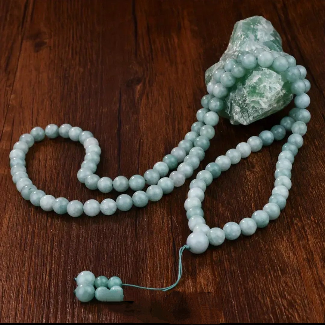 Natural Green Jade Bead Necklace, 99 Beads, Unisex