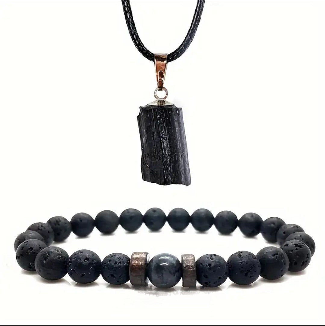 Black natural Tourmaline pendant & bracelet set