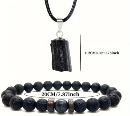 Black natural Tourmaline pendant & bracelet set