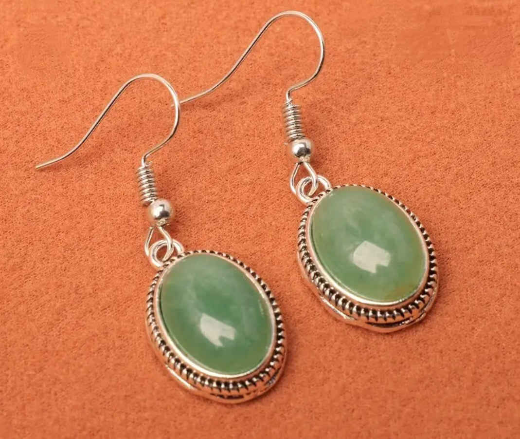 Oval Green gemstone Boho earrings