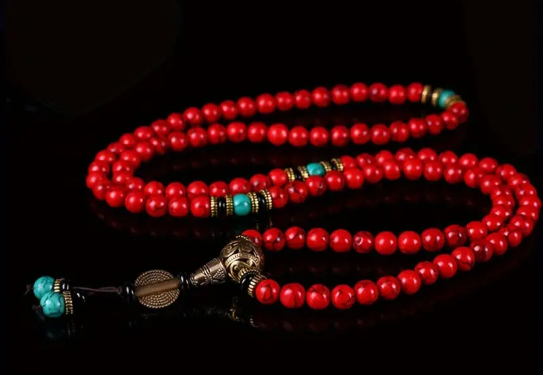 Red pine bead mala necklace