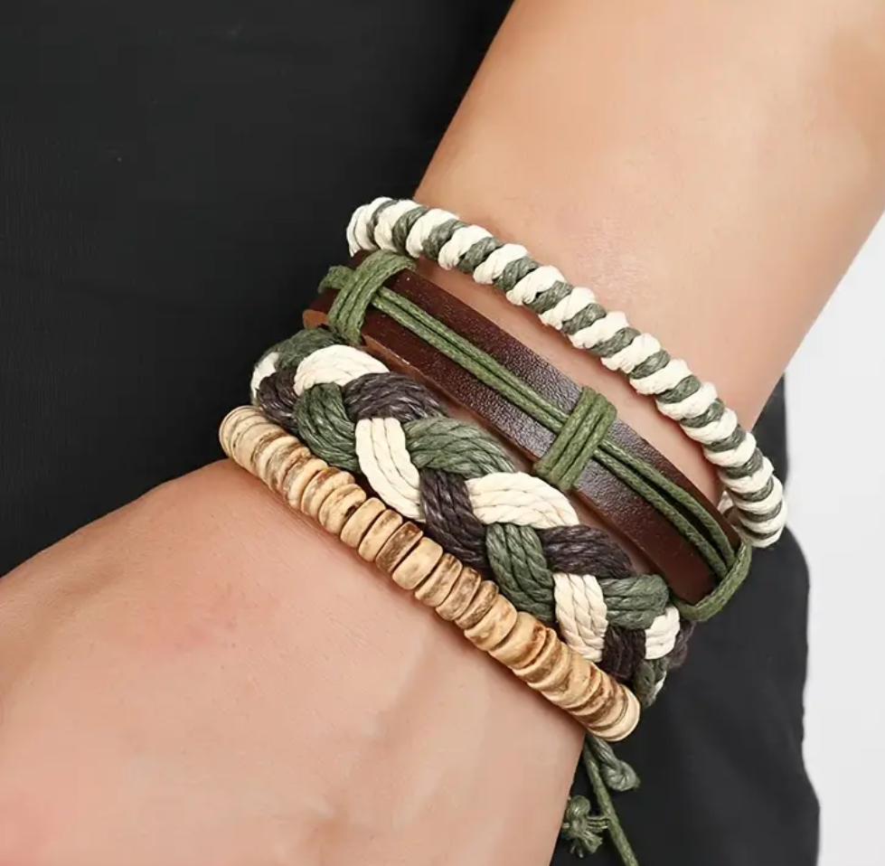 4pcs Woven Multi-layer Faux Leather Rope Bracelet.